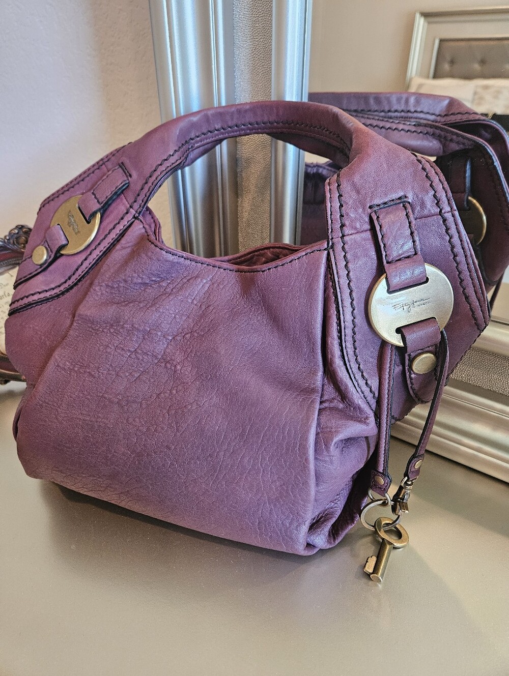 Rare Vintage Fossil Fifty-four Purple Leather Shoulder Bag With Dustbag